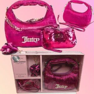 Juicy Couture Logo Fuchsia Pink Sequin Hobo Handbag-Wrislet-Keychain 3-Pc Set
